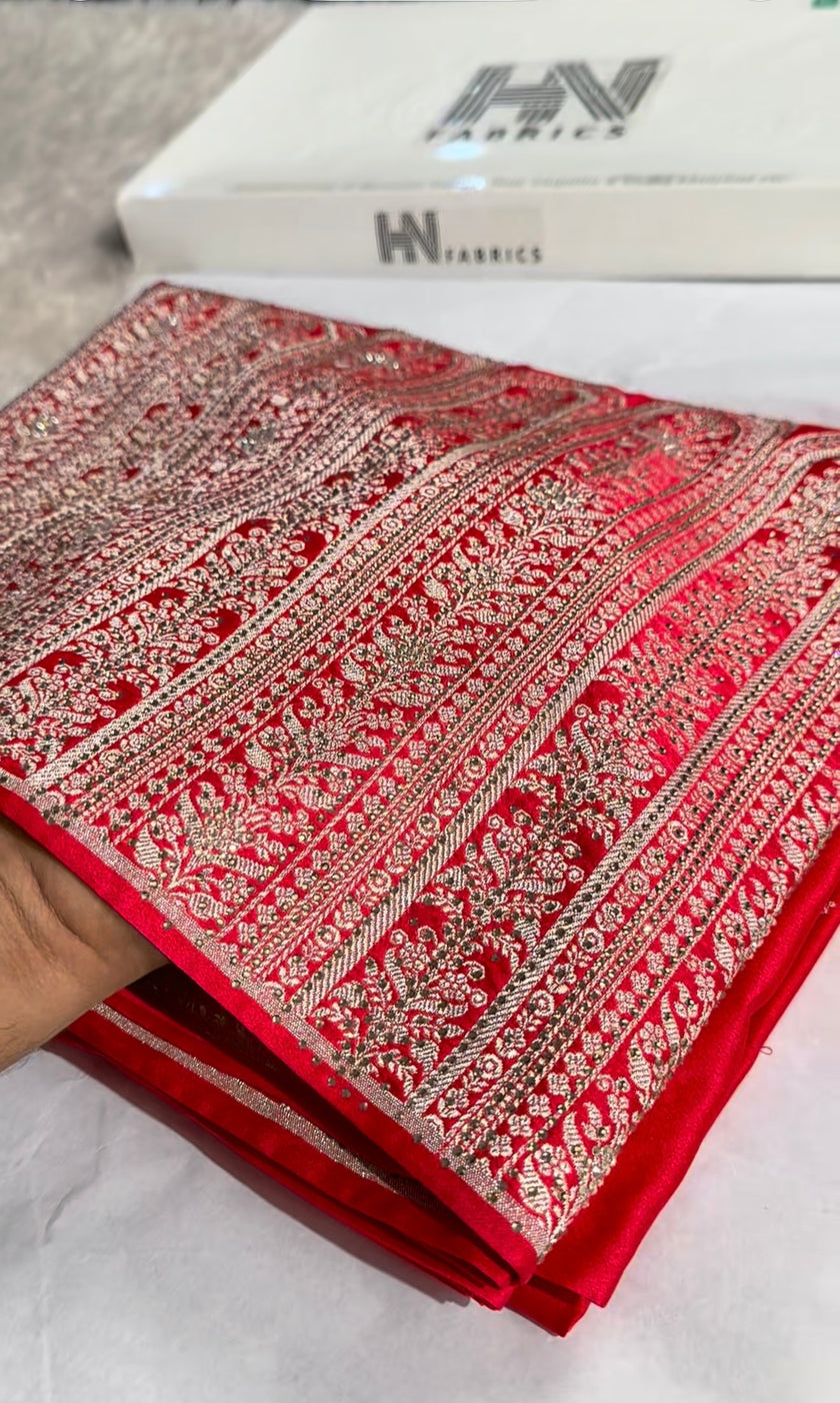 Red Banarasi Mashru Katan Silk Saree with Swarovski Work HN102